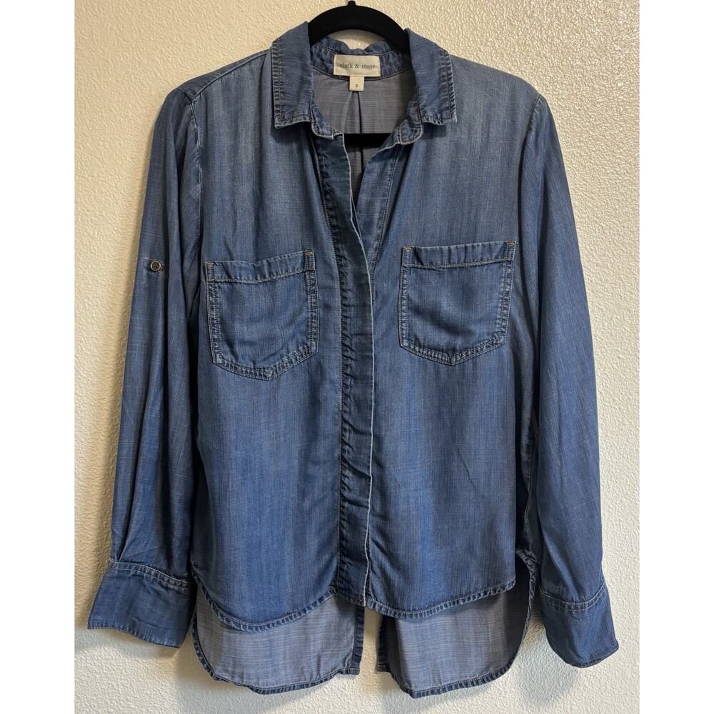 Anthropologie Cloth & Stone Blue Denim Chambray Button Up Shirt Size S Western